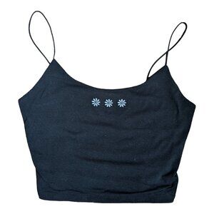 Garage Black Cropped  Tank Top with Sunflowers, Spaghetti Straps Women Size Med